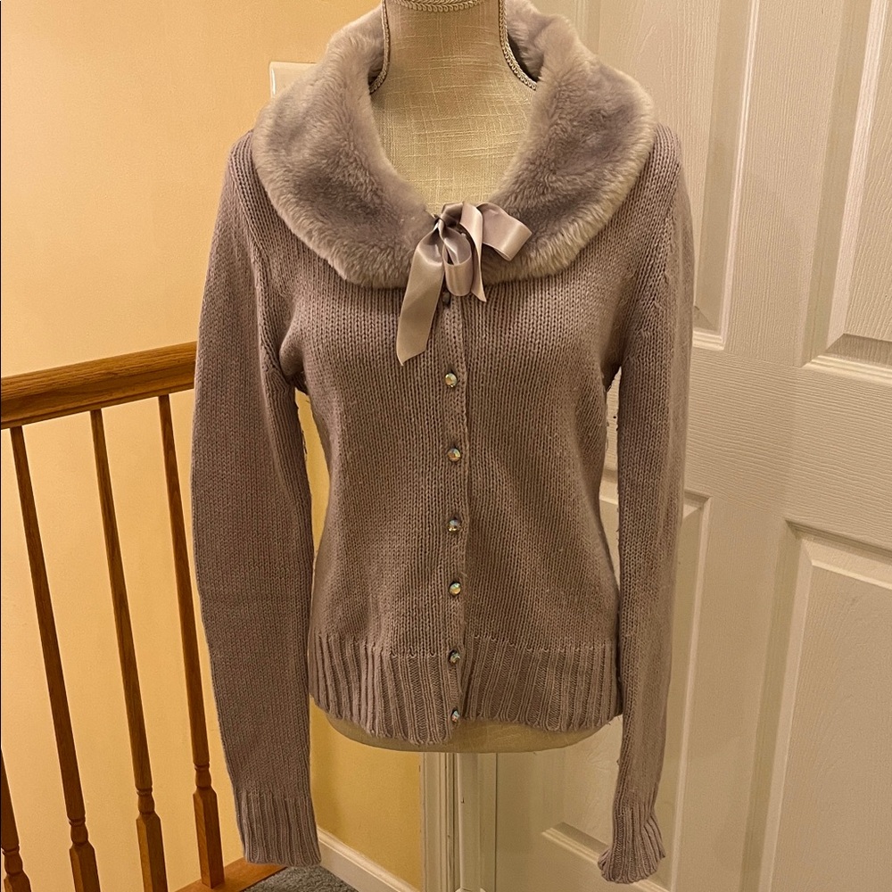 Vintage Charlotte Tarantola Lavender Cardigan with Faux Fur Collar